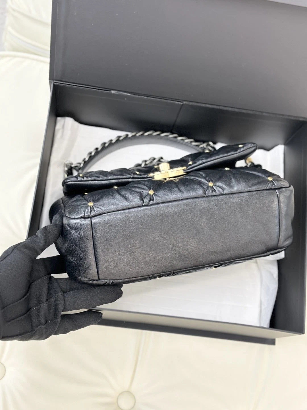 Excellent Chanel 19Bag PM Lambskin Chain Shoulder Crossbody Bag Black GHD