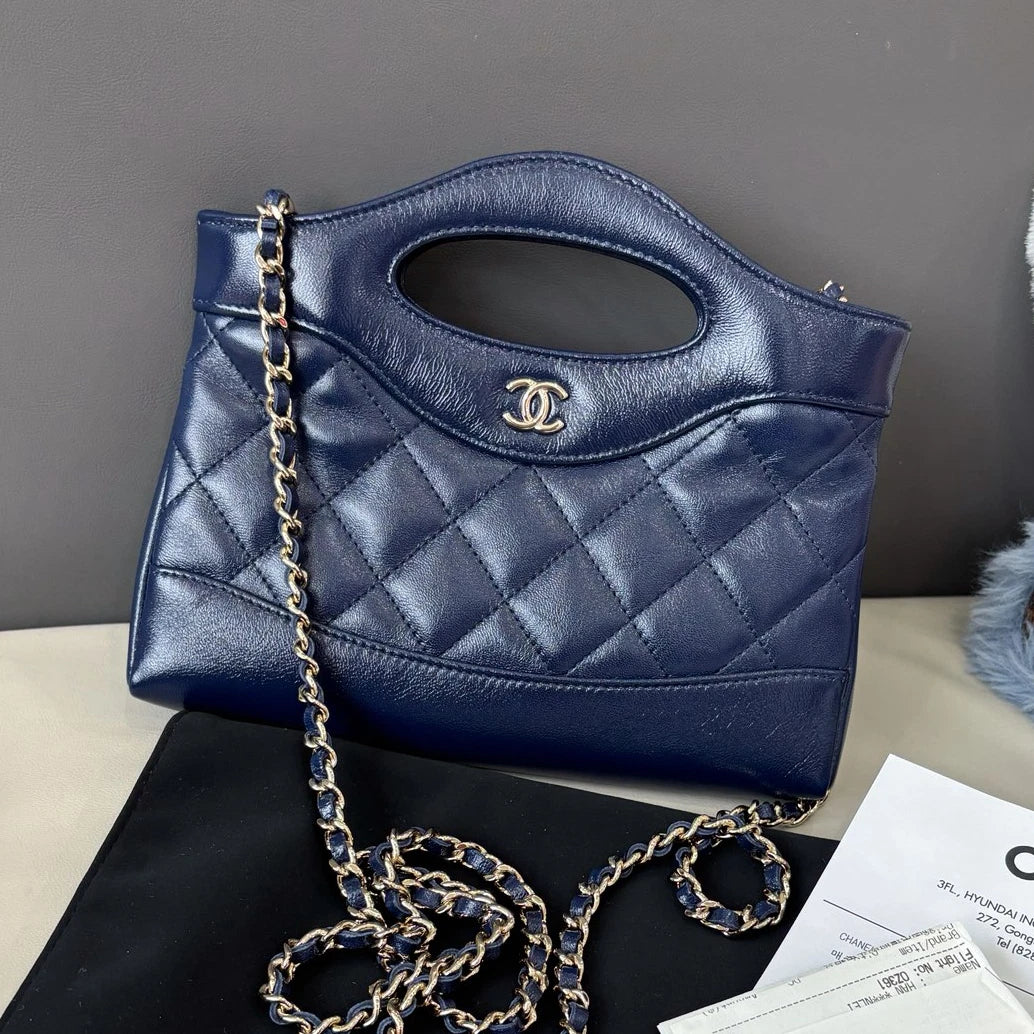 Chanel 31Bag Nano Chain Top Handle Crossbody Blue Gold Diamond Women Classic