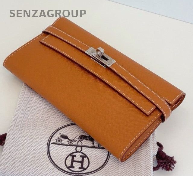 Hermes Kelly Long Wallet Clutch Epsom Brown Silver Used Women Classic Fashion
