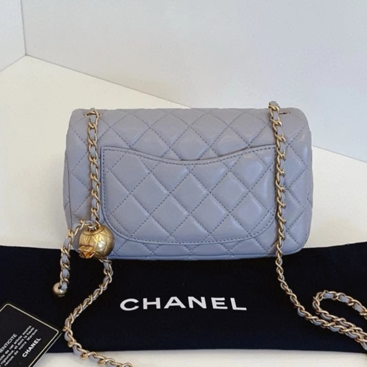 Chanel Classic Flap Mini Chain Shoulder Crossbody Gray Gold Diamond Women