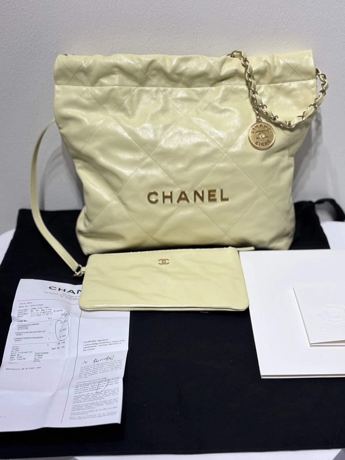 Authentic CHANEL 22 Small Yellow Tote Shoulder Bag For Women