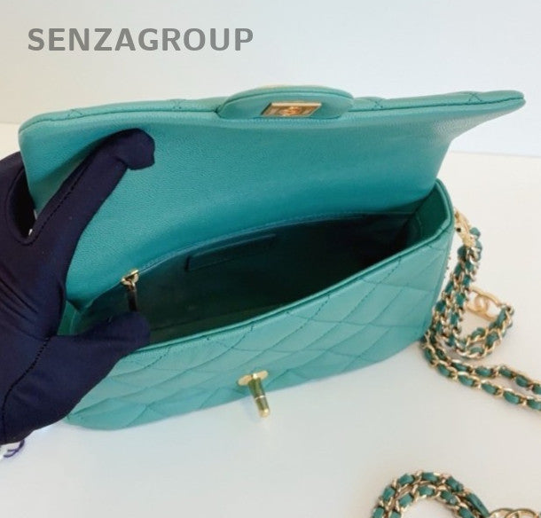 Chanel Classic Flap Mini Chain Shoulder Bag Crossbody Green Gold Women