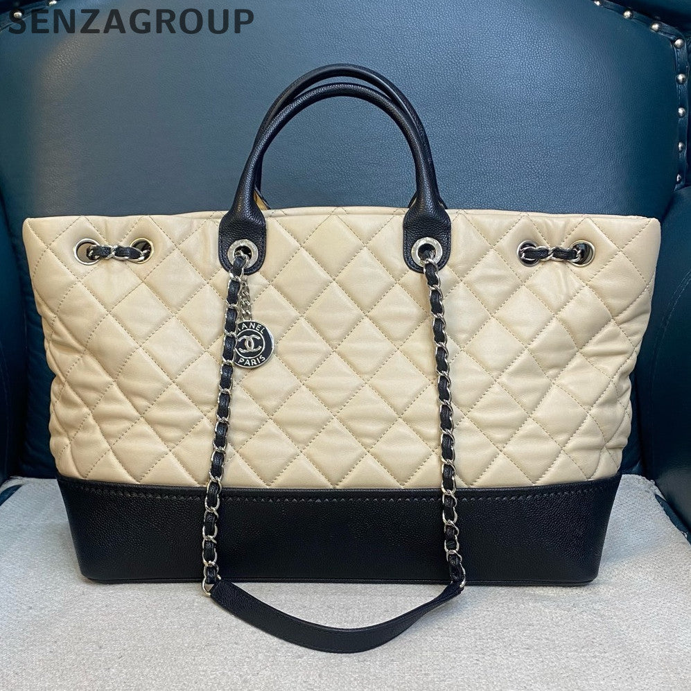 Chanel Quilted Tote Briefcase Chain Shoulder Bag Beige Black Women's