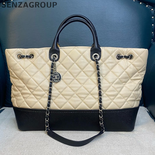 Chanel Quilted Tote Briefcase Chain Shoulder Bag Beige Black Women's