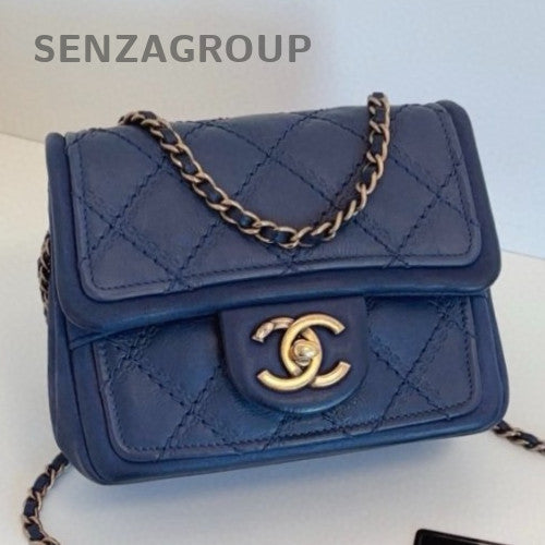 Chanel Classic Flap Chain Shoulder Bag Crossbody Blue Gold Used Women Fashion