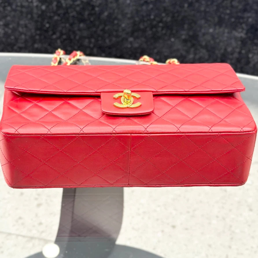 Chanel Vintage Classic Flap Chain Lambskin Shoulder Bag Red Gold Women S