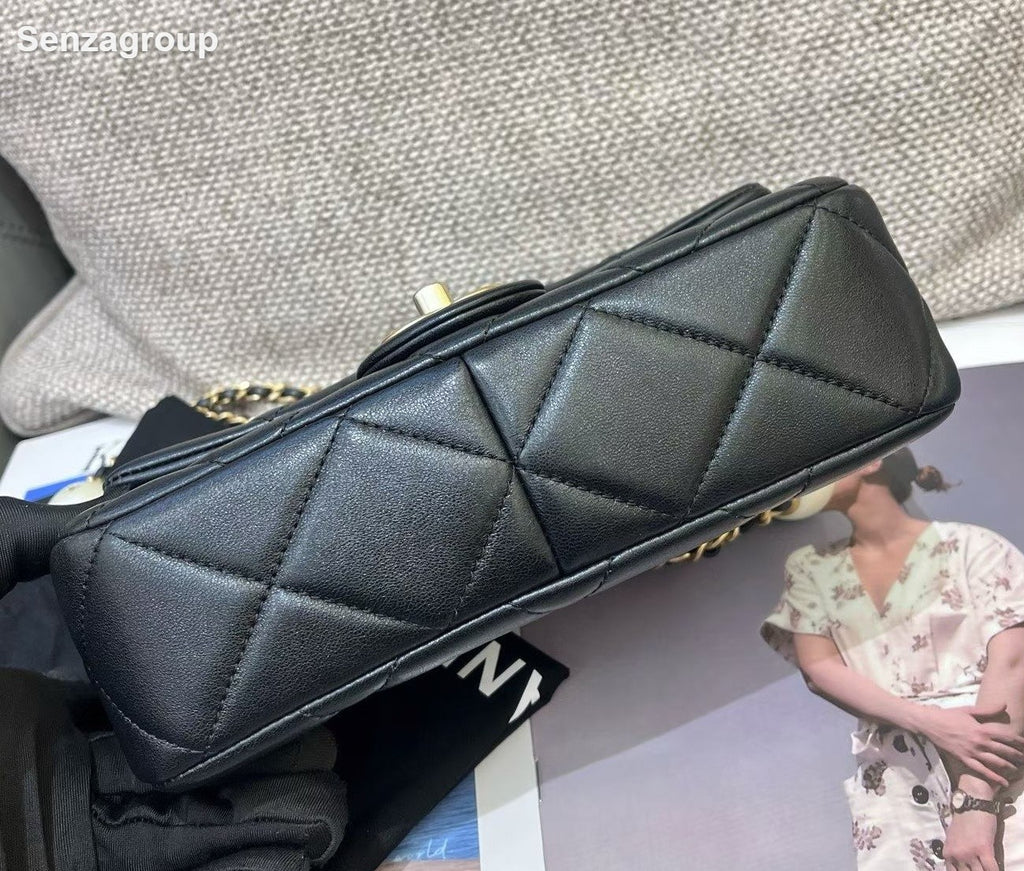 Chanel Classic Flap Lambskin Mini Chain Shoulder Bag Black Gold Diamond Women