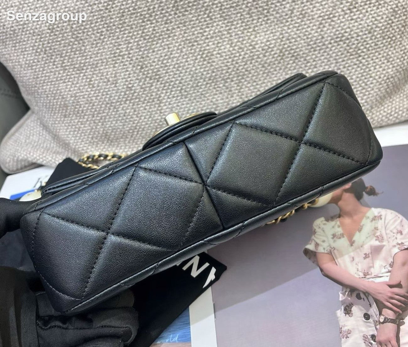 Chanel Classic Flap Lambskin Mini Chain Shoulder Bag Black Gold Diamond Women