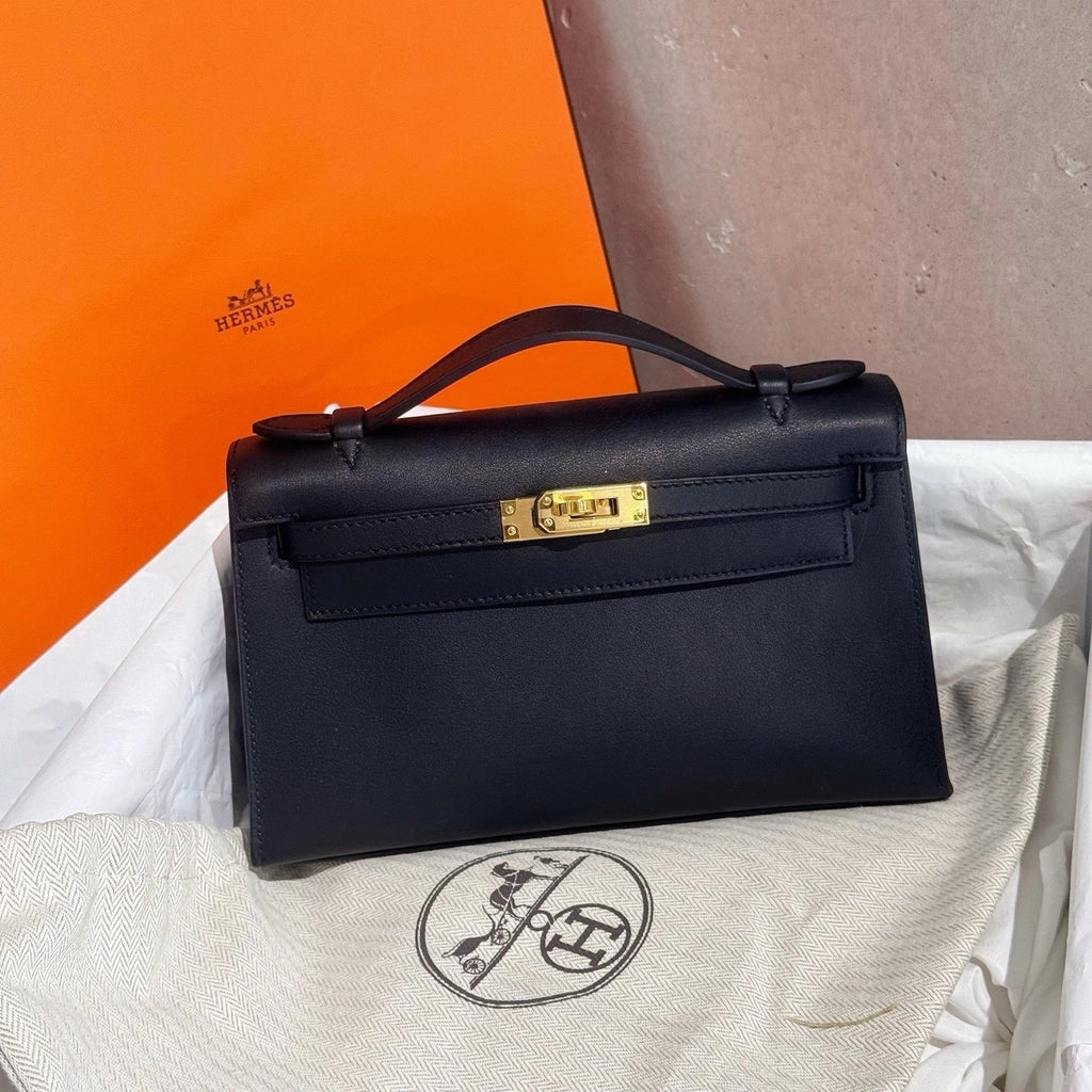 Hermes Black Gold Leather Mini Kelly Top Handle Bag For Women