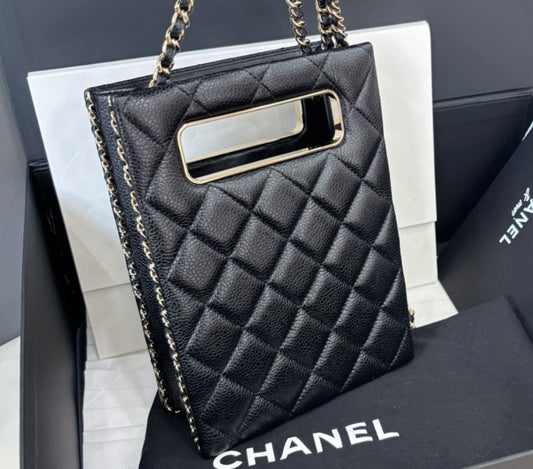 Chanel Lambskin Tote Chain Shoulder Bag Black Gold Diamond Women Classic