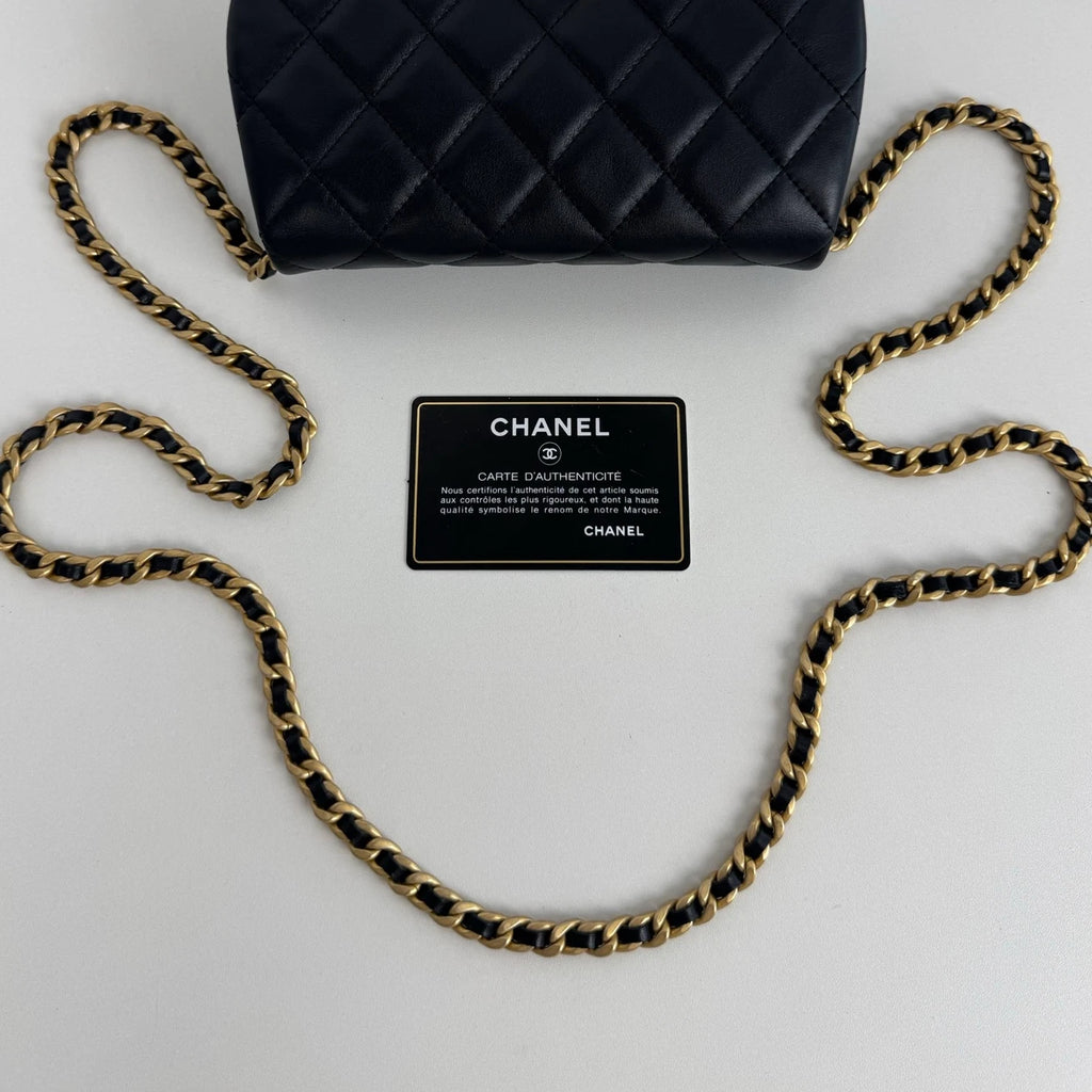 Chanel Diamond Chain Mini Shoulder Bag Black Gold Used Women Classic