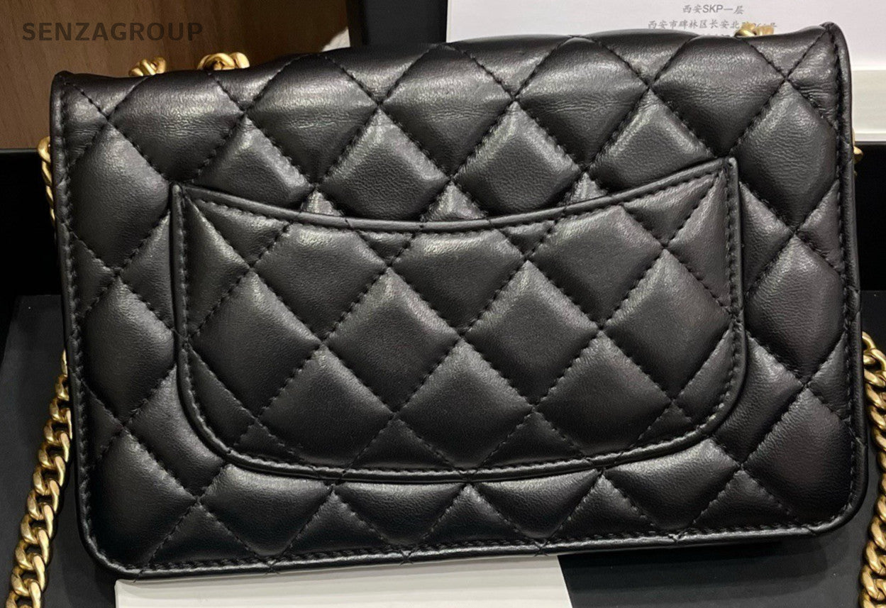Chanel WOC Lambskin Chain Shoulder Bag Crossbody Black Gold Women