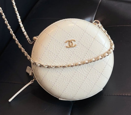 Chanel Calfskin Round Bag Chain Shoulder Bag Crossbody White Gold Women Classic