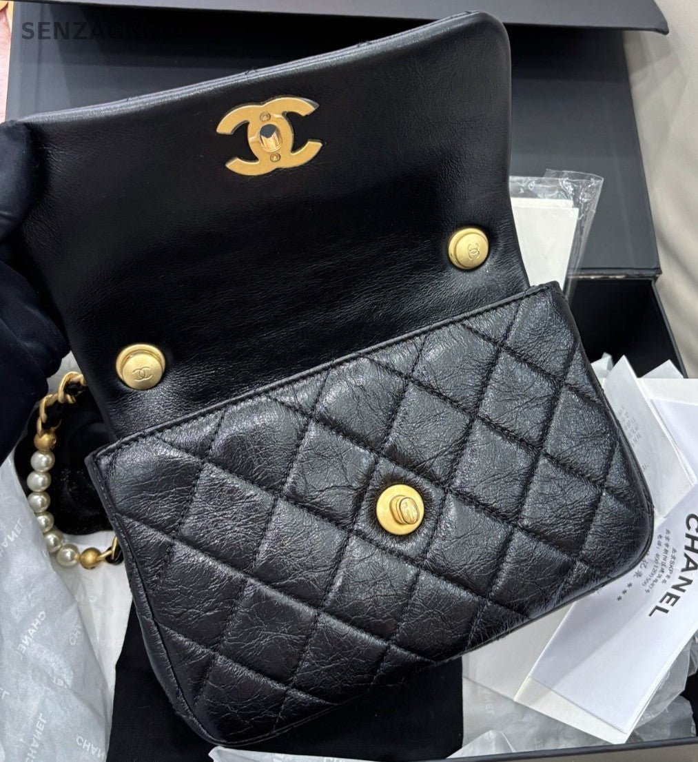 Chanel Diamond Pearl Chain Calfskin Shoulder Bag Crossbody Black Gold Women
