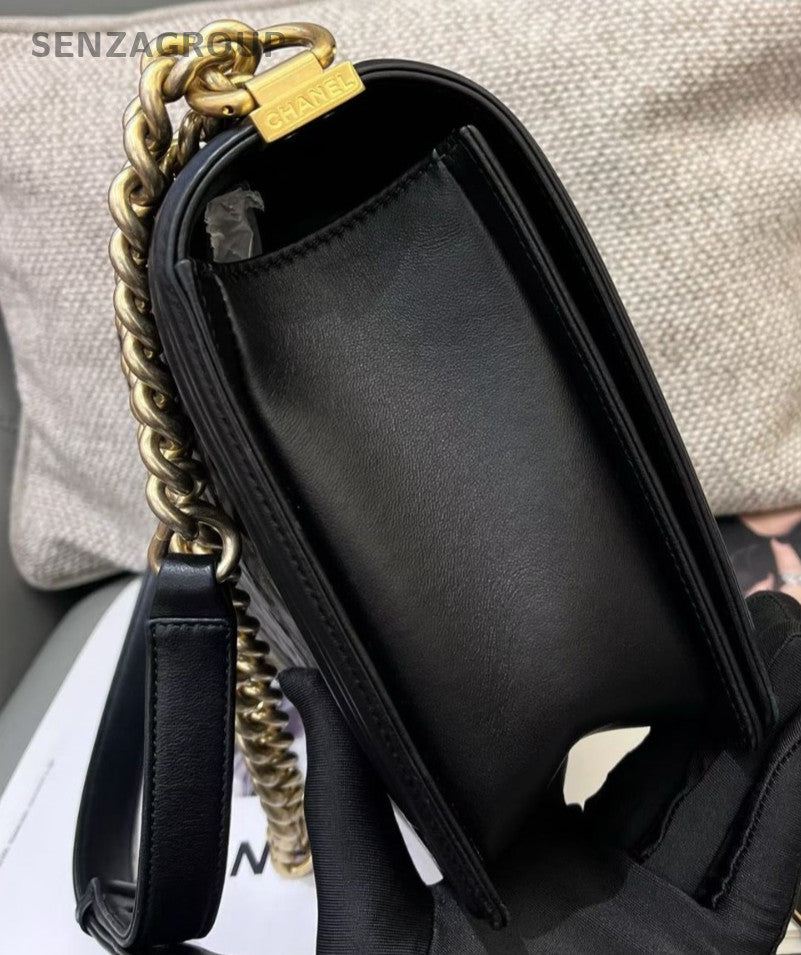 Chanel Leboy GM Lambskin Chain Shoulder Bag Crossbody Black Gold Women Classic