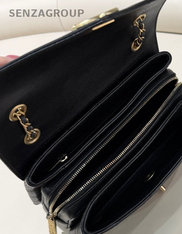 Chanel Classic Chain Shoulder Bag Crossbody Black Gold Used Women Designer