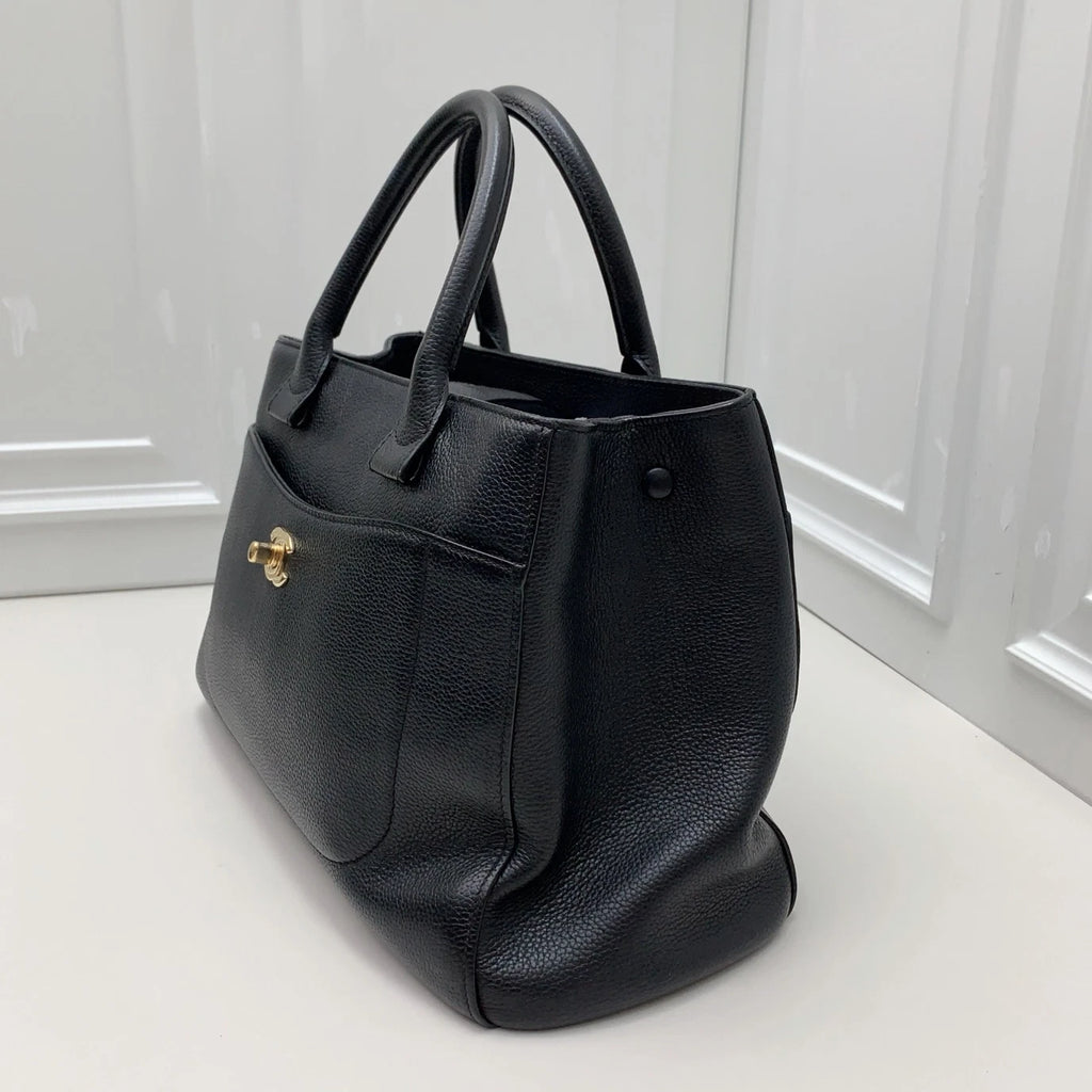 Chanel Tote 2-Way Top Handle Crossbody Black Gold Used Excellent