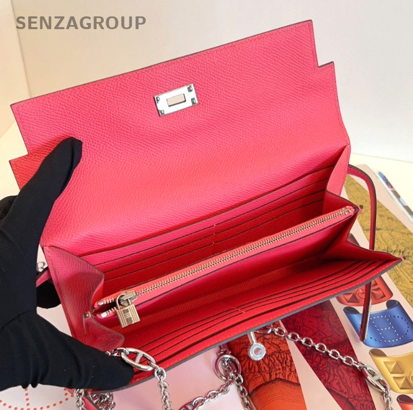 Hermes Kelly Long Wallet Epsom Leather DIY Chain Pink Women Almost Brand NEW