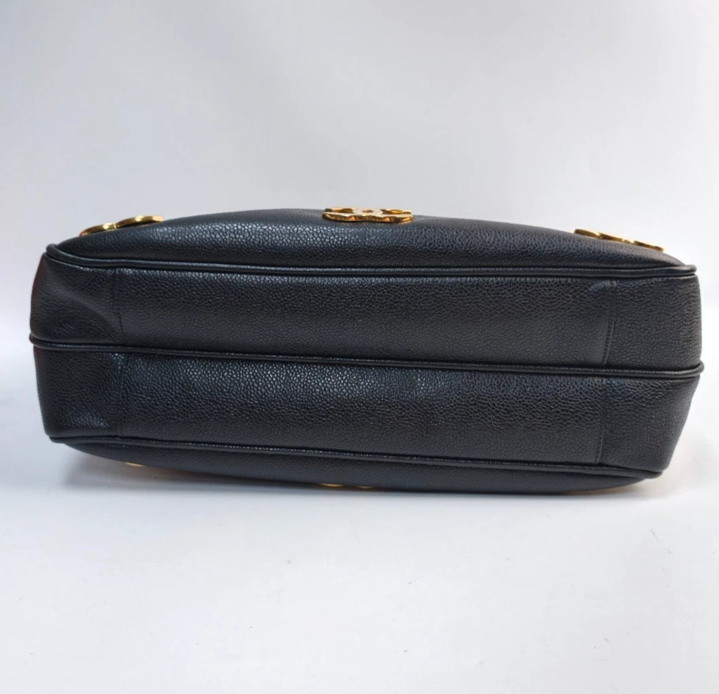 Chanel Vintage Tote Bag Shoulder Bag Black Gold Hardware Women Classic