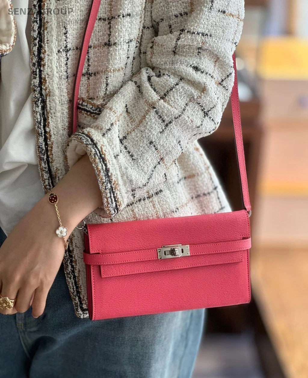Hermes Kelly Long Wallet Epsom Leather DIY Chain Pink Women Almost Brand NEW