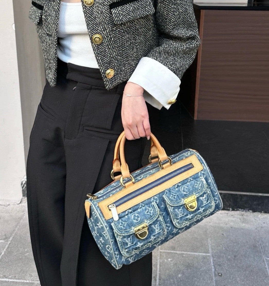 Louis Vuitton Boston Denim Monogram Top Handle Bag Blue Gold Women Classic