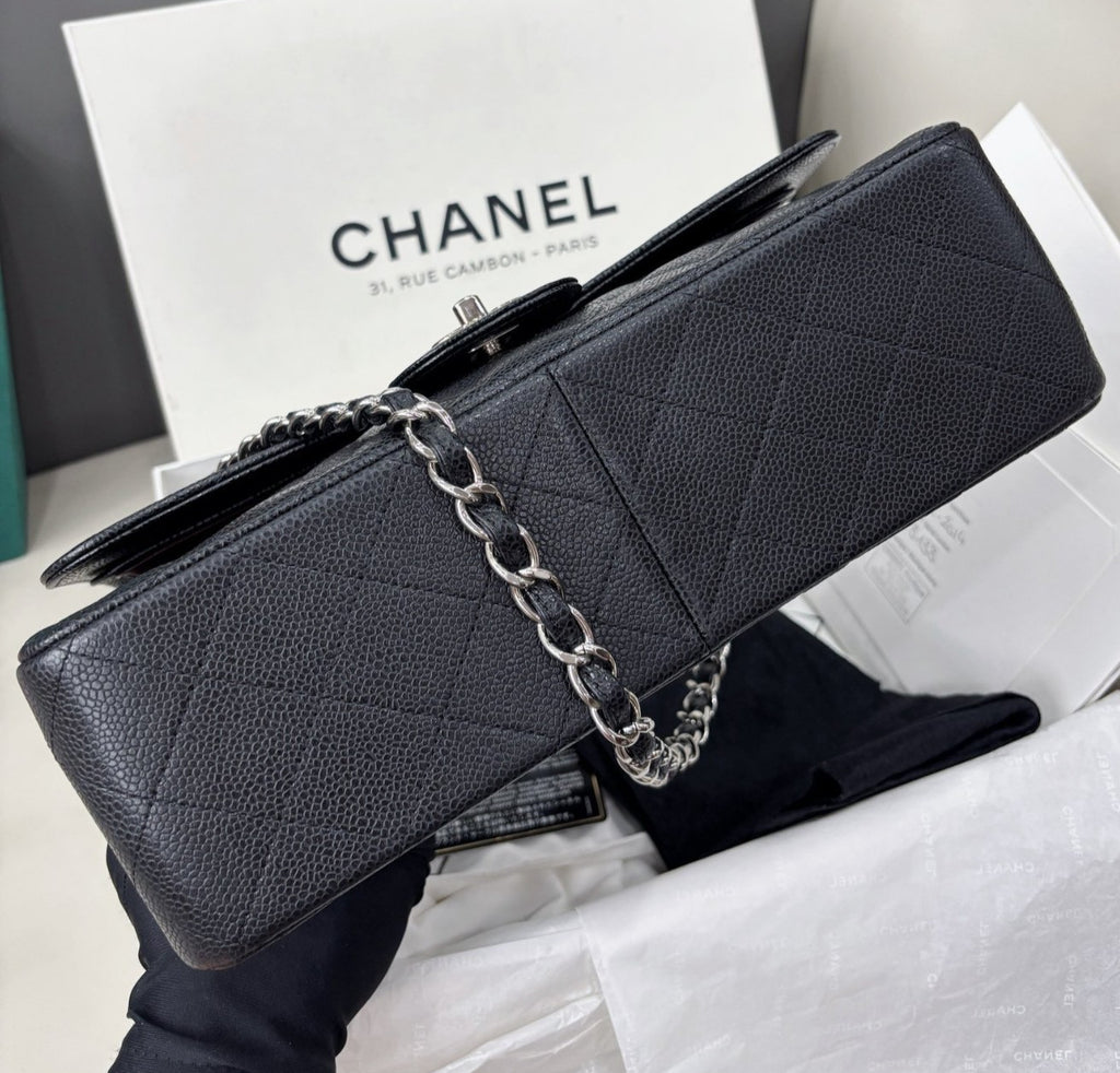 Chanel Classic Flap Jumbo Calfskin Chain Shoulder Bag Black Silver Women Fashion