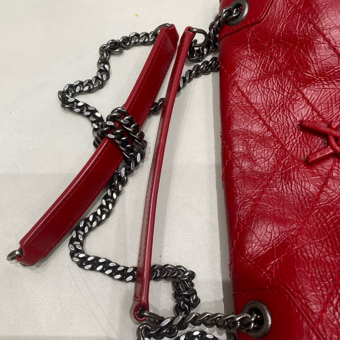 Saint Laurent Niki Small Chain Shoulder Bag Red Silver Classic Women's