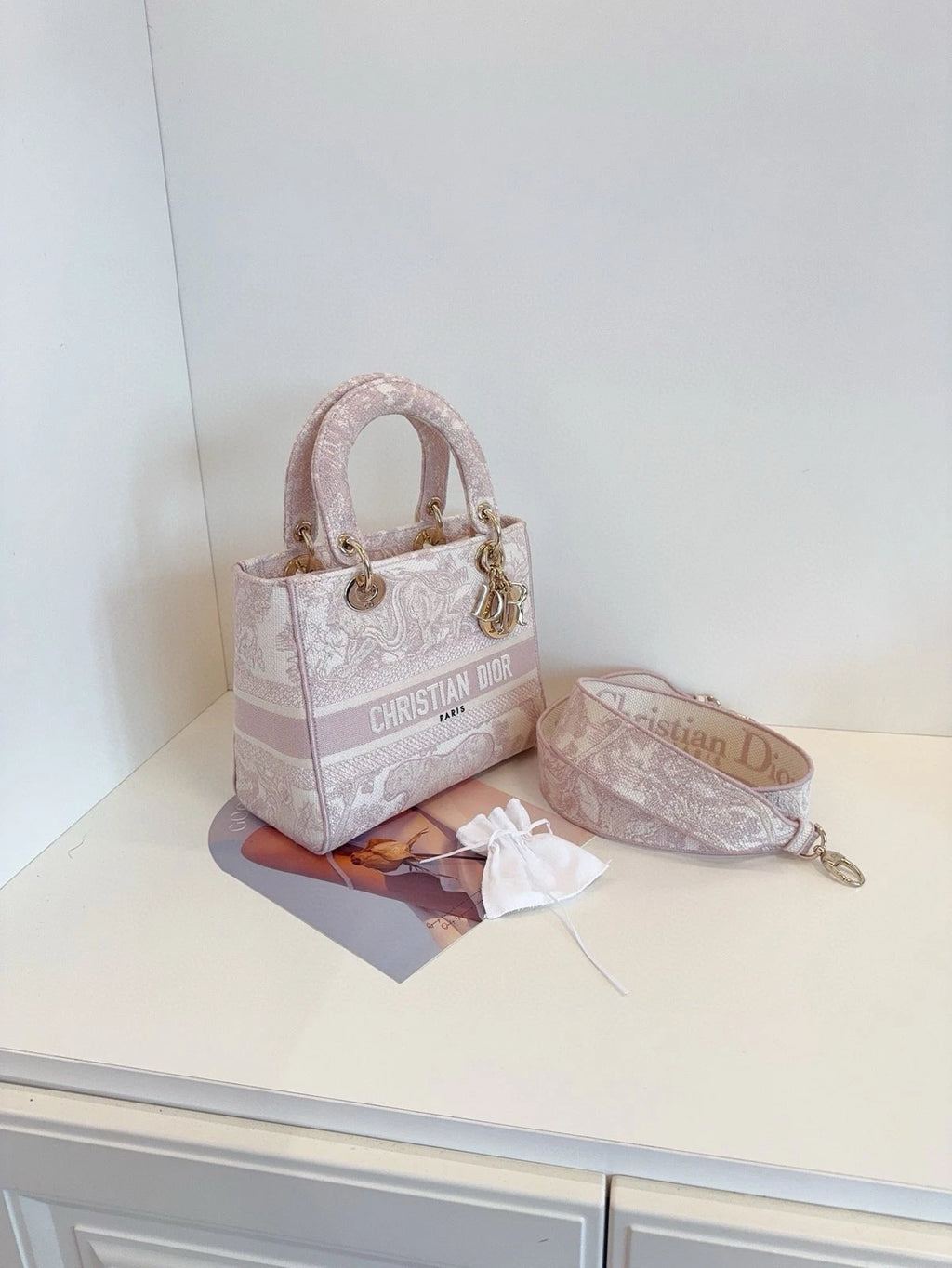 Dior Pink Canvas Embroidered Lady D-Lite Top Handle Bag Women