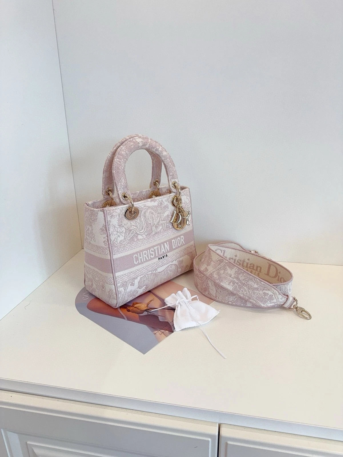 Dior Pink Canvas Embroidered Lady D-Lite Top Handle Bag Women