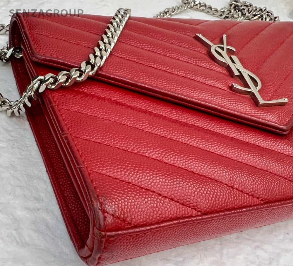 YSL Saint Laurent MM Caviar Leather woc Chain Shoulder Crossbody Bag Red Women