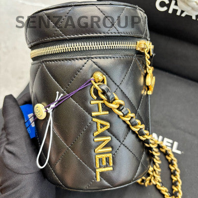 Chanel Black Vintage Gold Lambskin Chain Letter Bucket Crossbody Bag