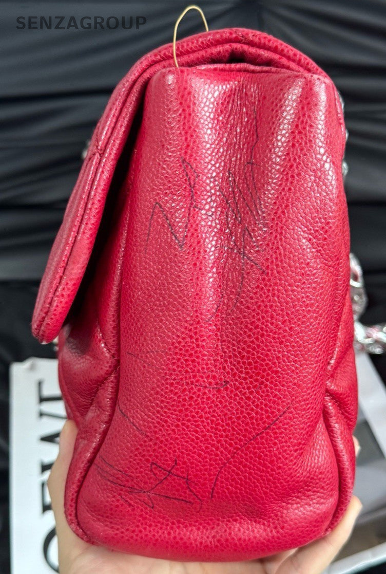 Chanel Classic Flap Jumbo Calfskin Chain Shoulder Bag Red Silver Women Classic