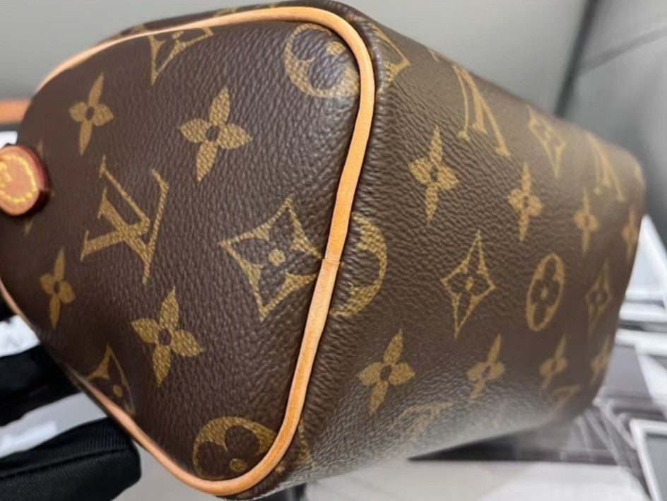 Louis Vuitton Speedy Nano Monogram Top Handle Bag Crossbody Brown Gold Women