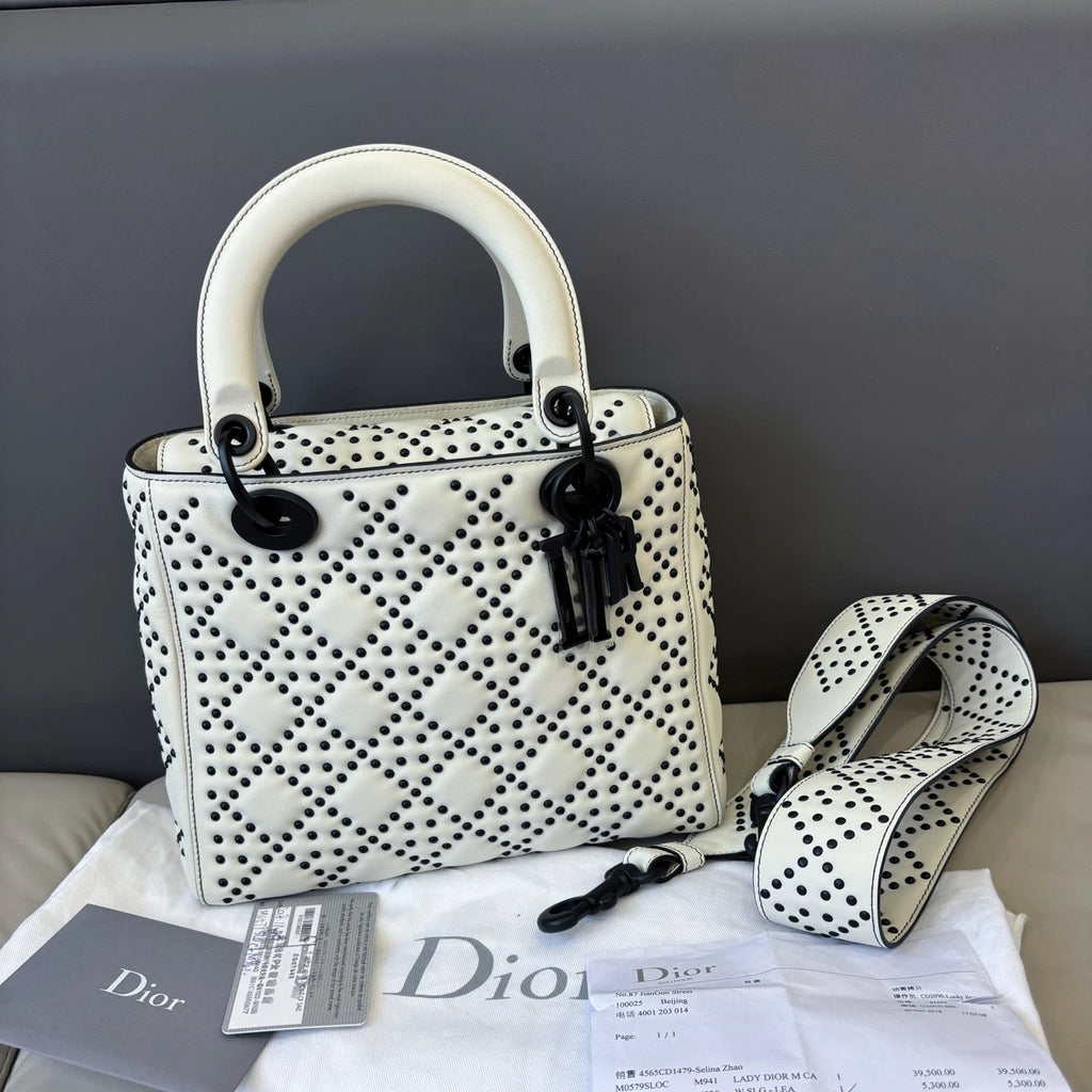 Dior Lady Dior Black White Handbag Excellent