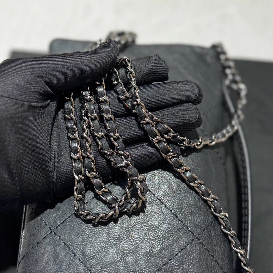 Chanel Calfskin Chain Top Handle Crossbody Black Silver Women Classic