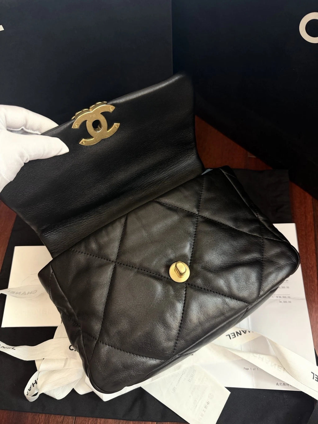 Chanel 19Bag PM Lambskin Chain Top Handle Bag Crossbody Black Gold Women