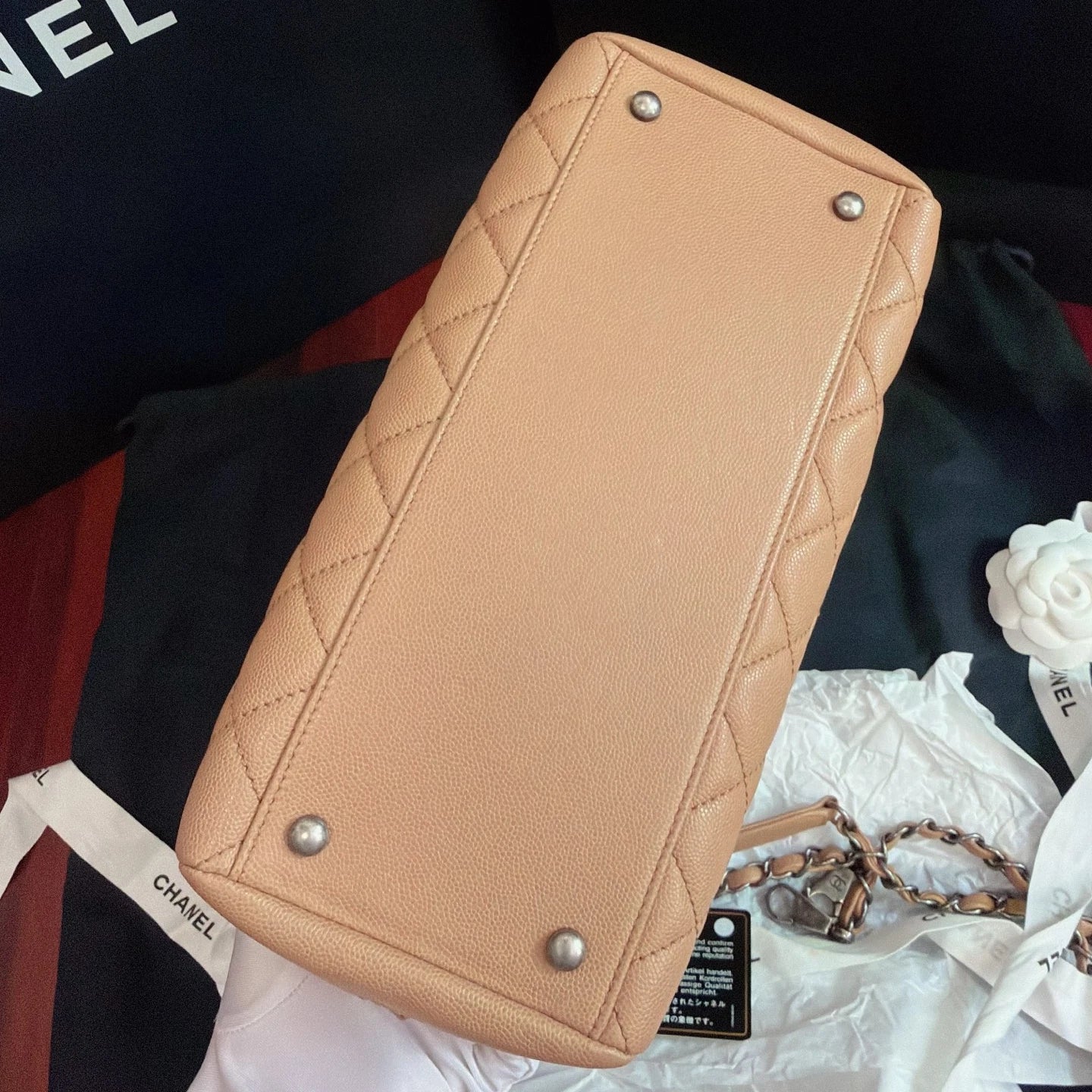 Chanel Calfskin Chain Top Handle Crossbody Beige Silver Women Classic Diamond