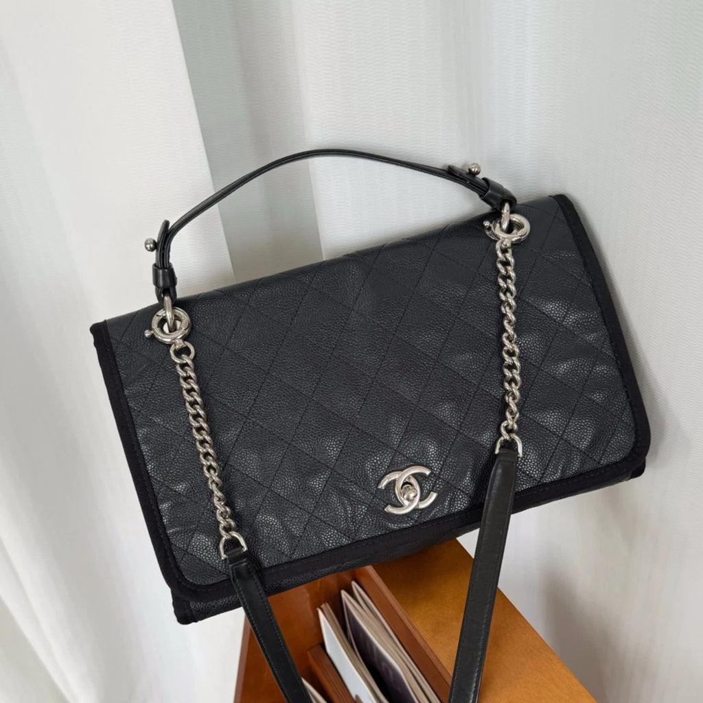 Chanel Classic Flap With Top Handle Chain Shoulder Bag Black Silver Women