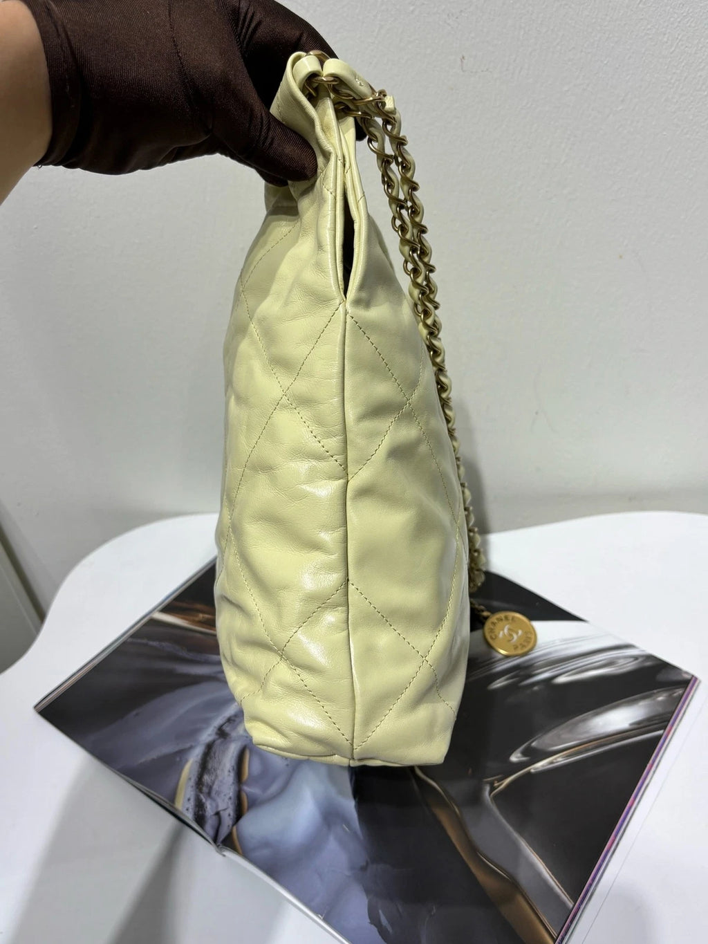 Authentic CHANEL 22 Small Yellow Tote Shoulder Bag For Women