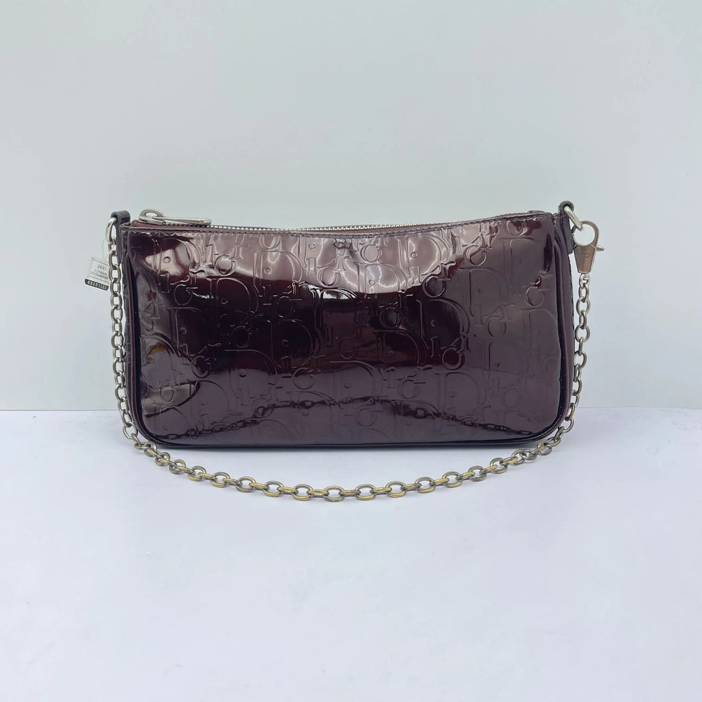 Dior Women's Red Patent Leather Monogram Chain Shoulder Clutch Bag