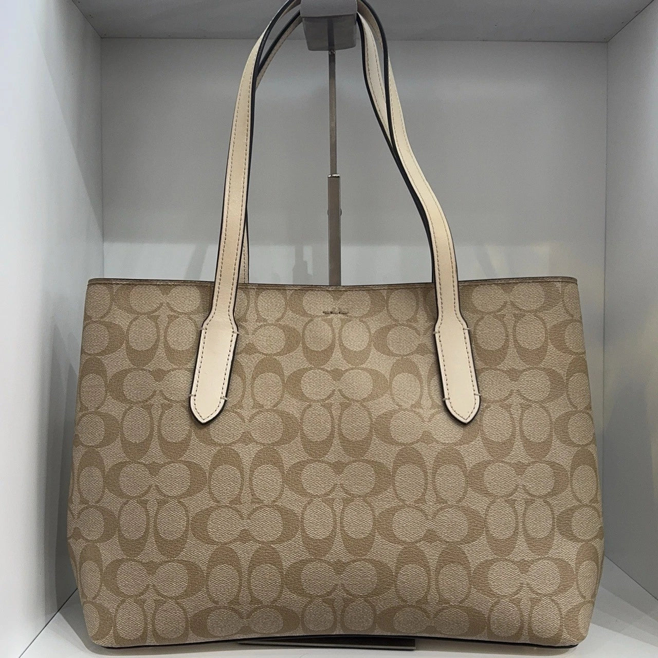 Coach Beige Canvas Monogram Tote Handbag For Women Missing Strap