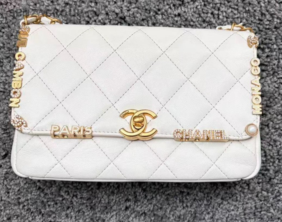 Chanel Chain Diamond Shoulder Bag Crossbody White Gold Diamond Women Classic