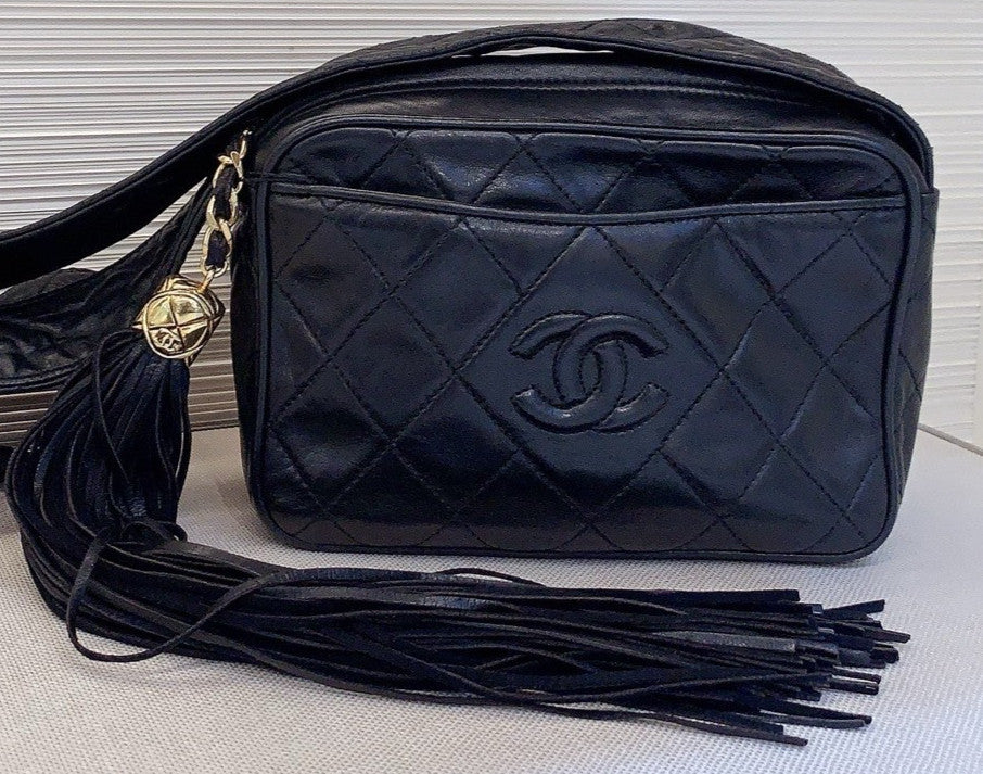 Chanel Diamond Fringe Shoulder Bag Black Gold Used Women Classic Designer