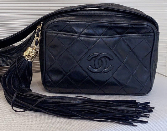 Chanel Diamond Fringe Shoulder Bag Black Gold Used Women Classic Designer