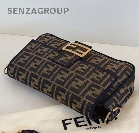 Fendi Baguette MM Top Handle Bag Crossbody Brown Gold Women Classic Designer