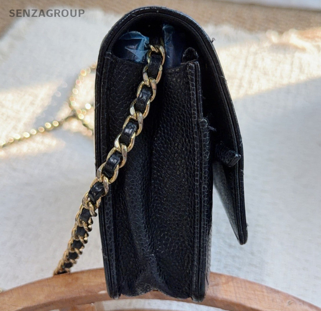 Chanel WOC Diamond Chain Shoulder Bag Crossbody Black Gold Women Classic