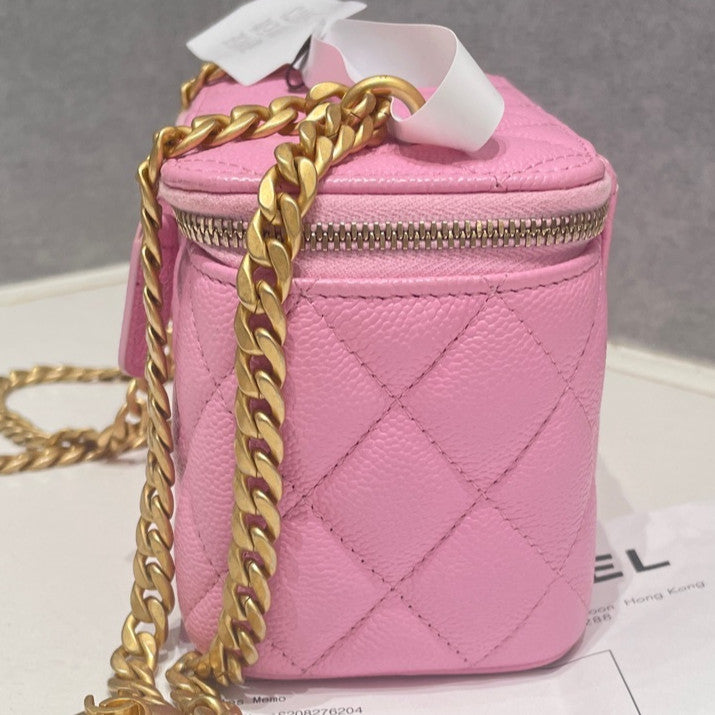 Chanel 23P Heart Chain Cosmetic Bag Box Shoulder Crossbody Pink Gold