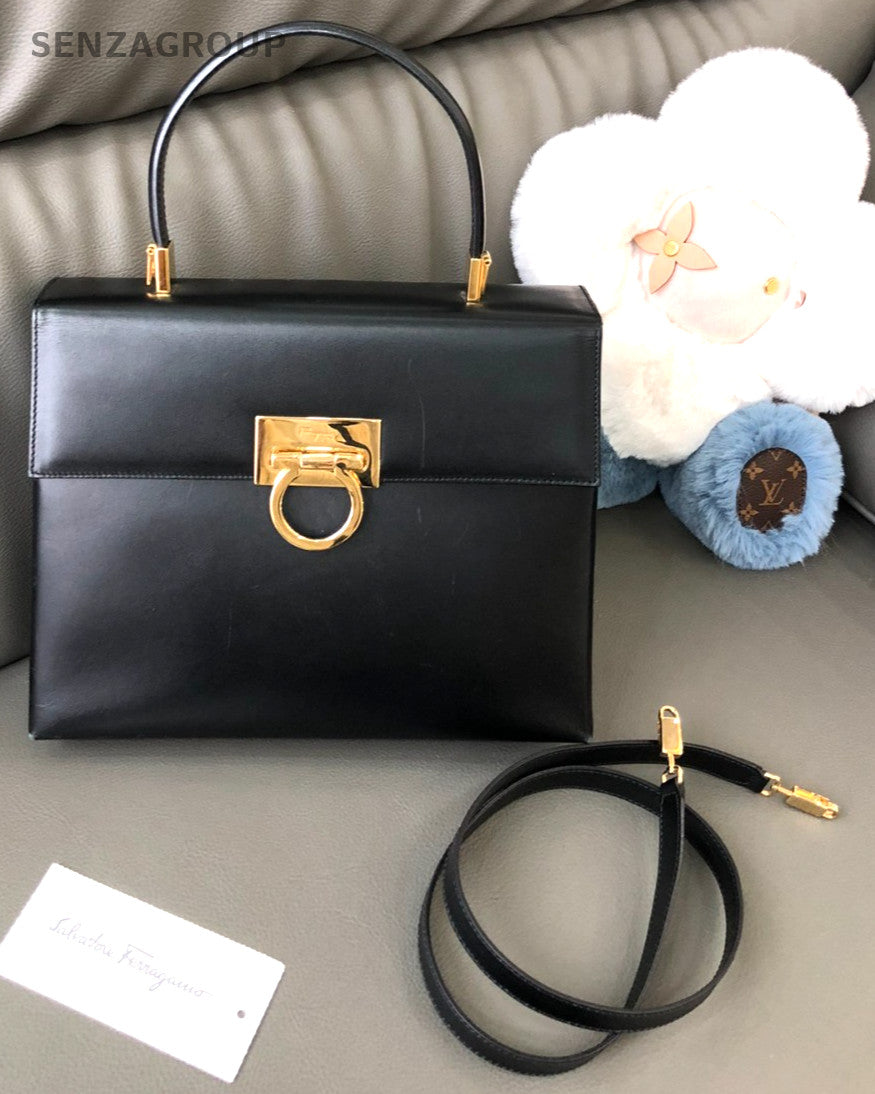 Salvatore Ferragamo Top Handle 2way Shoulder Handbag Black Gold Women