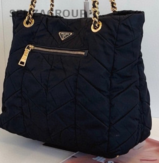 Prada Tote Chain Shoulder Bag Black Gold Used Women Classic Designer