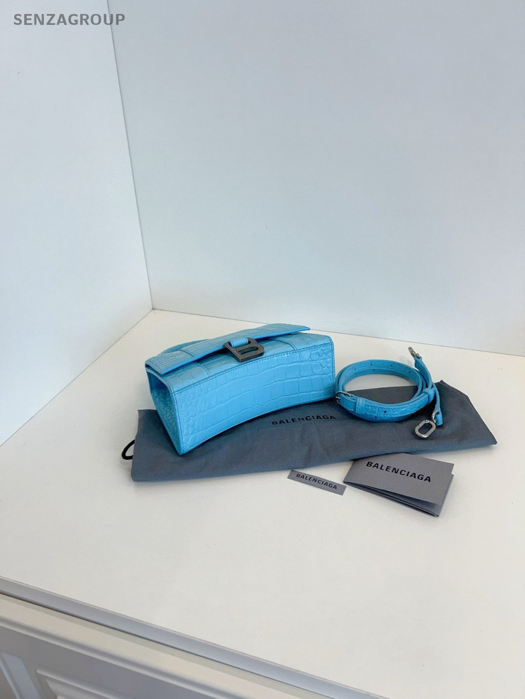 Balenciaga Hourglass 2Way Top Handle Bag Crossbody Blue Silver Women Classic